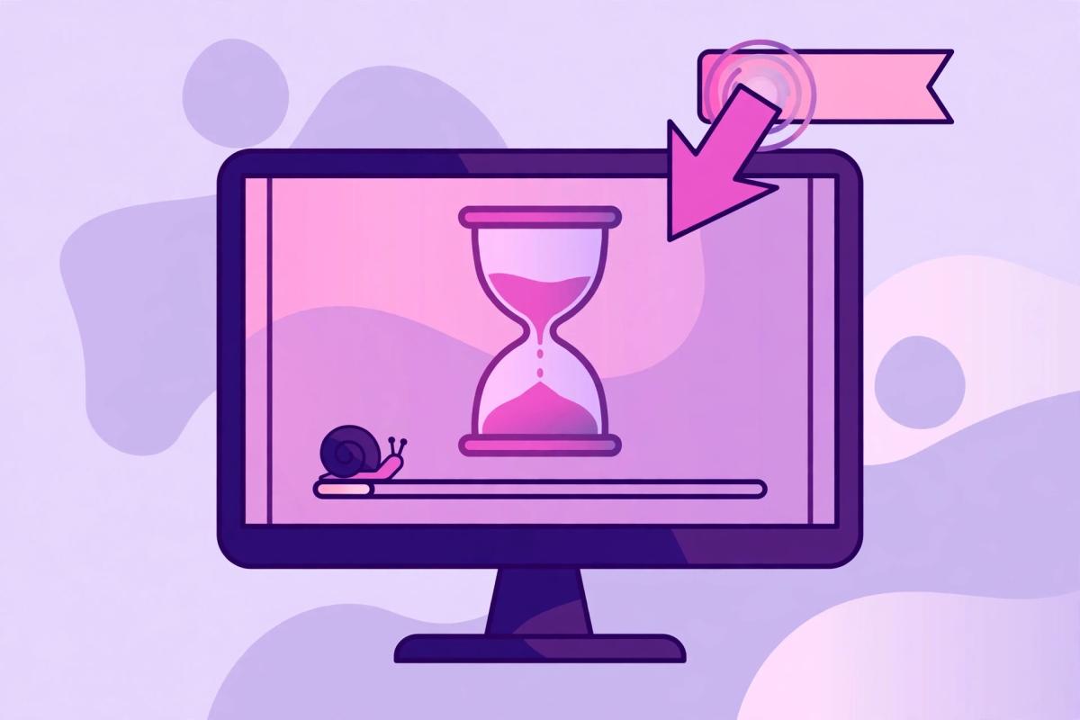 Illustration of a slow-loading page with an hourglass and snail-paced loading bar, clicked by a large arrow
