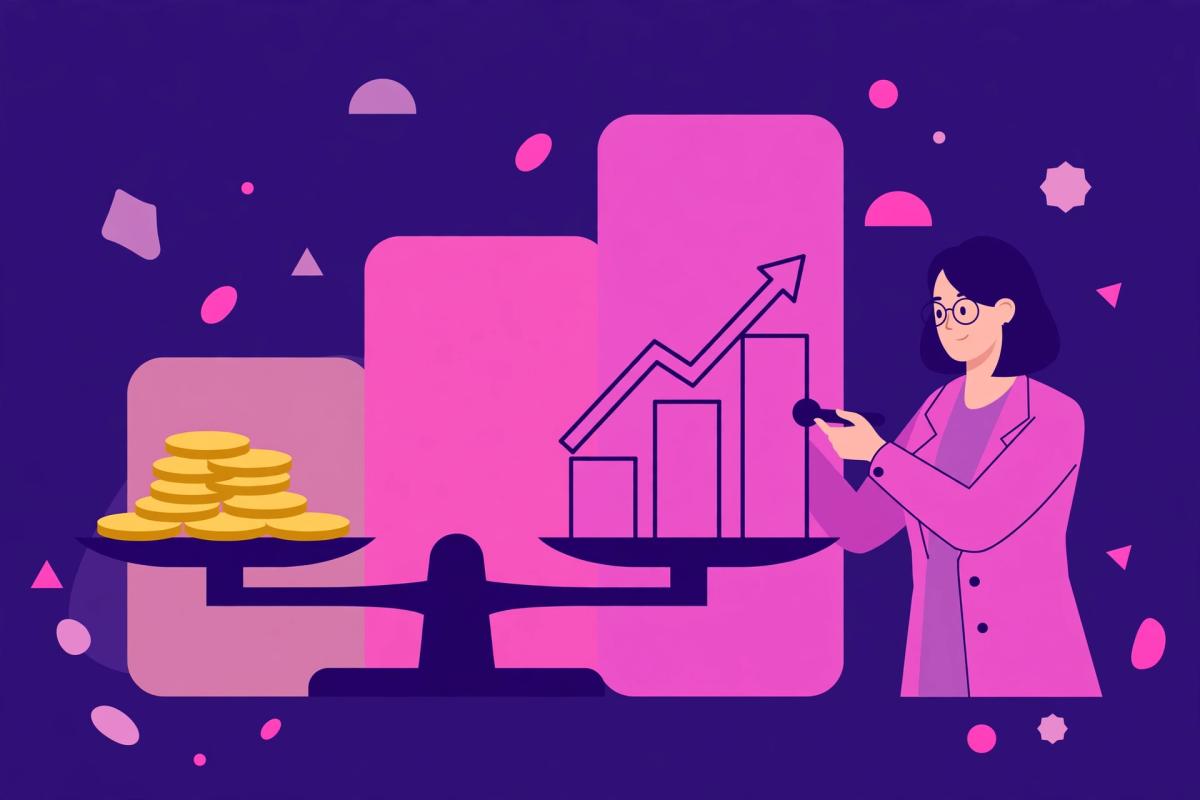Flat-vector illustration of a balance scale weighing SEO cost against growth, with pricing tiers behind