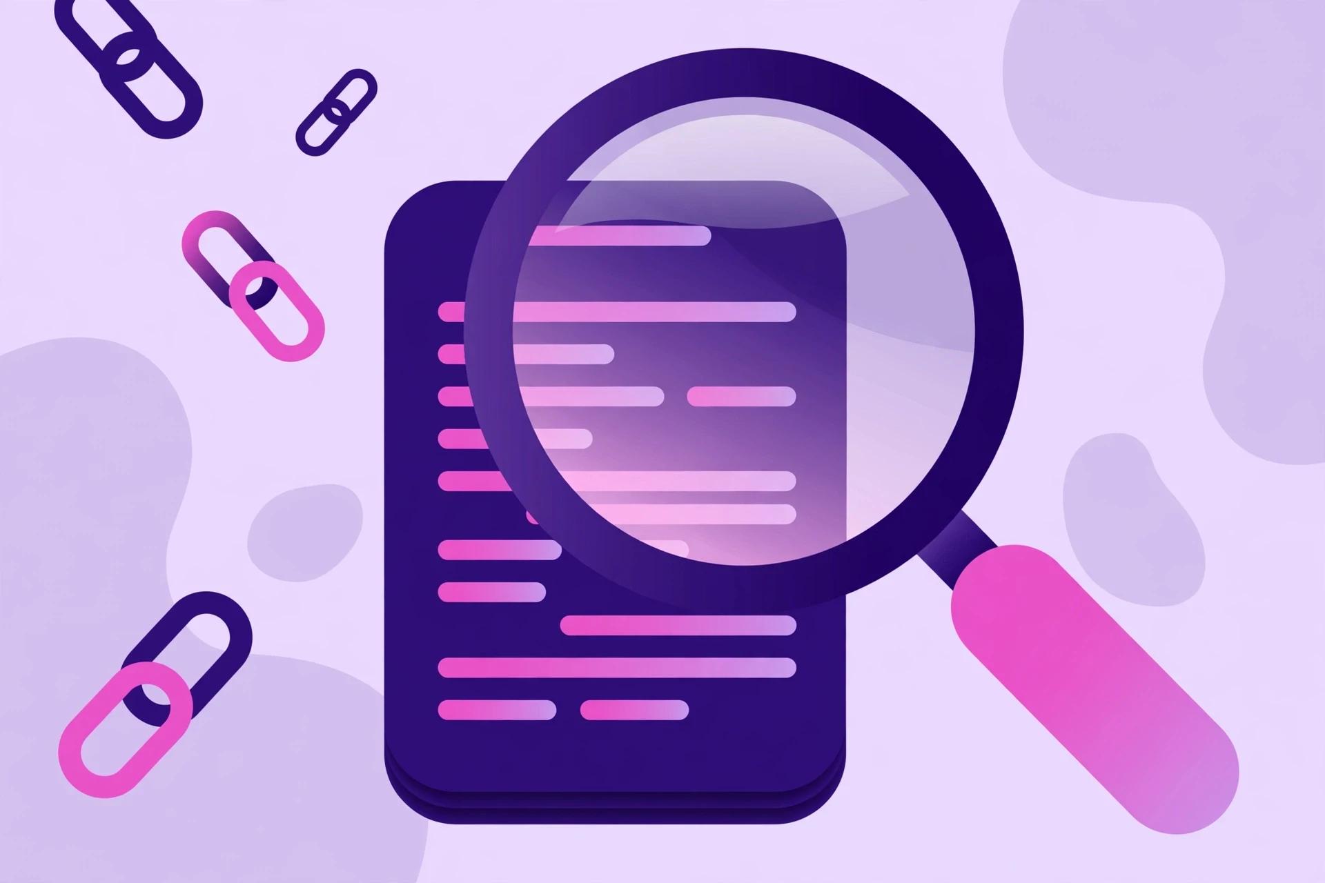 Illustration of a magnifying glass examining Google's link spam policy documents with link icons.