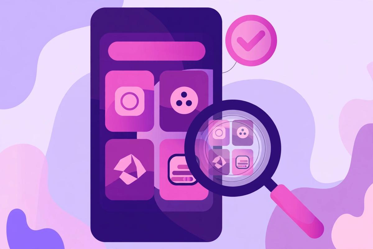 Illustration of a smartphone displaying a category page under a magnifier with a checkmark badge, showing the mobile parity and detail checks