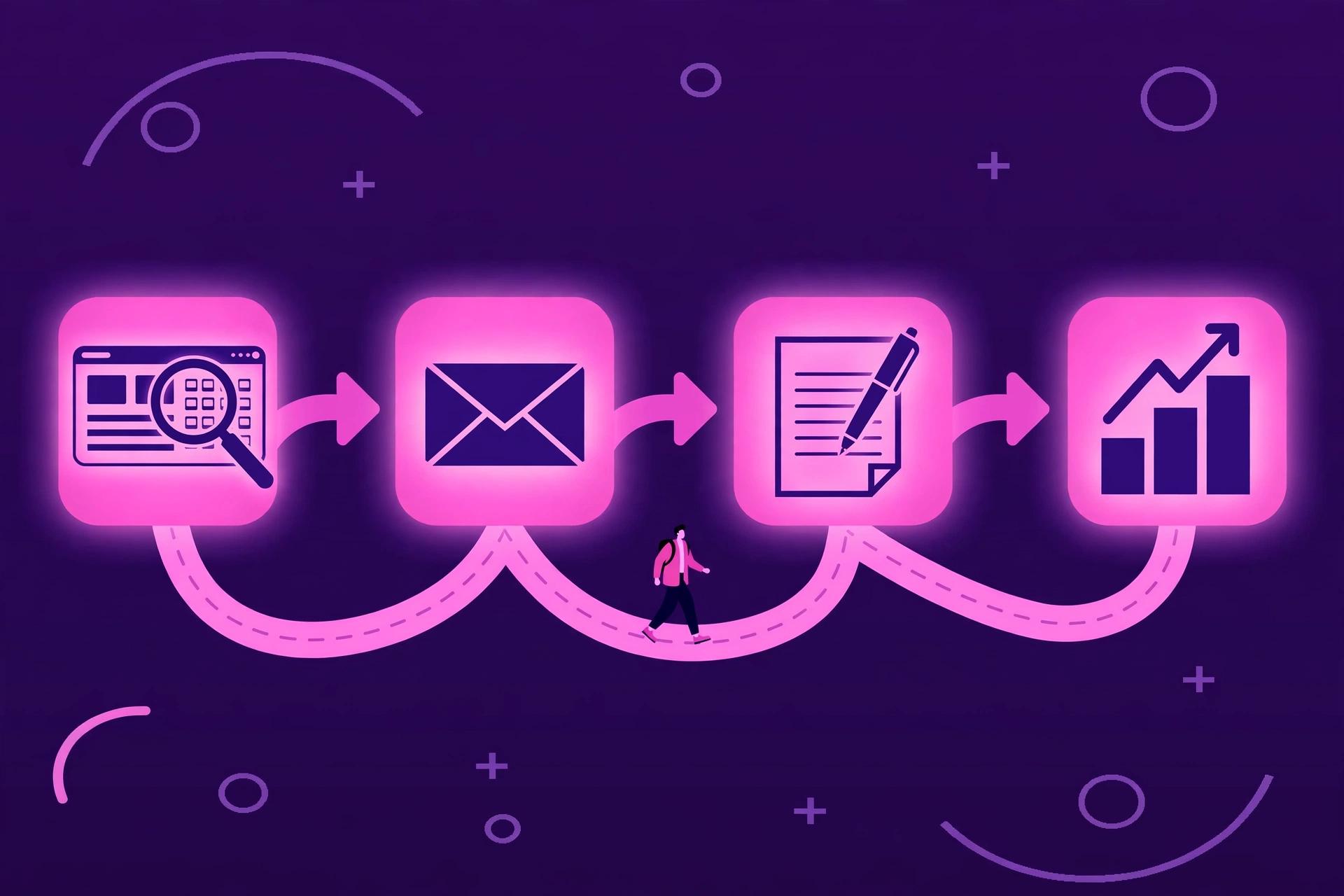 Illustration of the legitimate guest posting process: prospecting, pitching the editor, writing, and reporting.