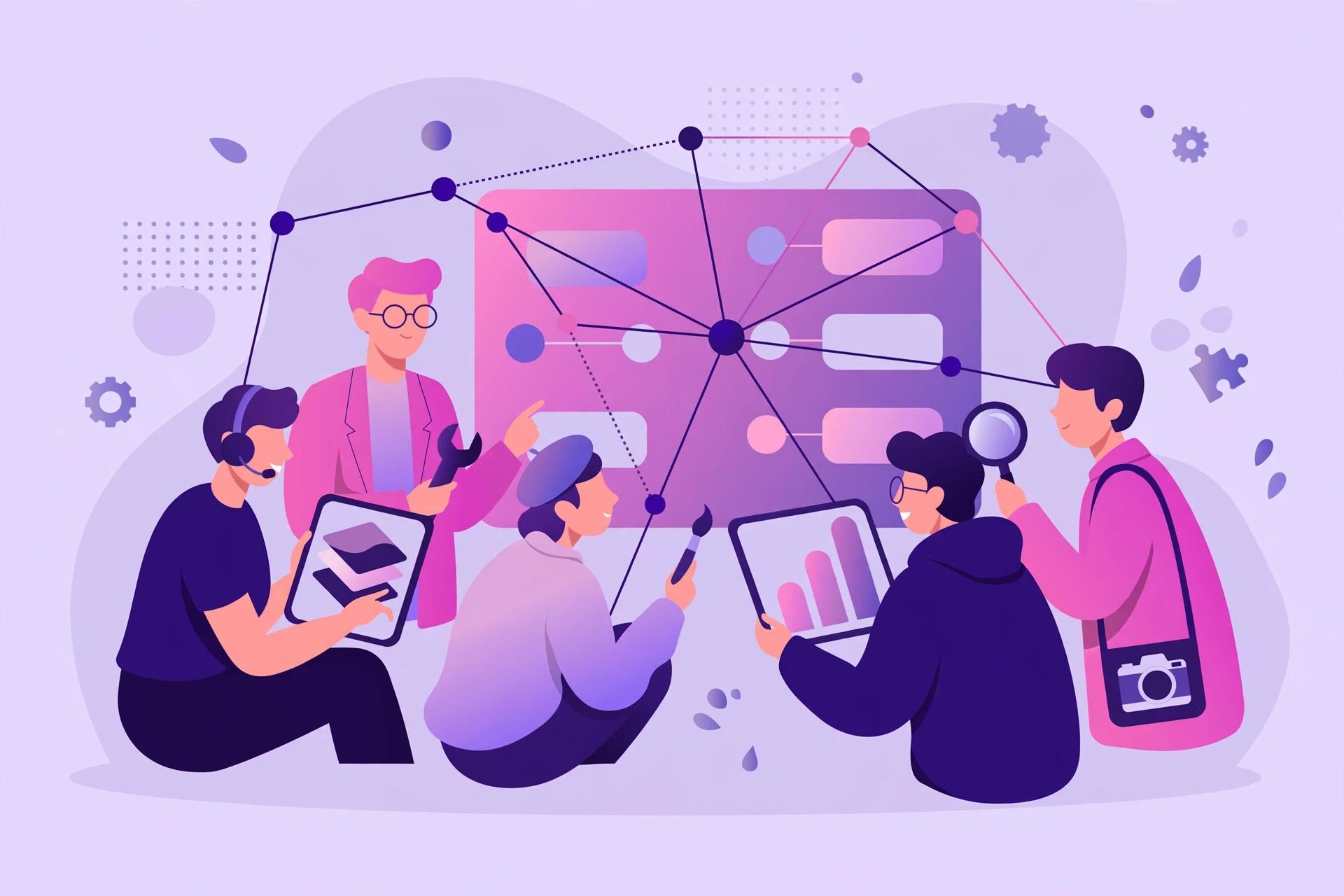Illustration of an agency team of seo specialists running a multi-skill growth campaign.