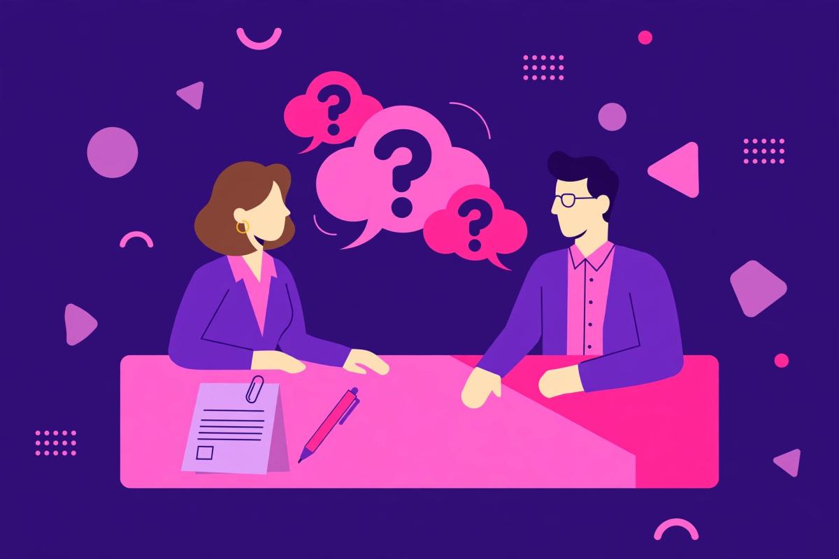Flat-vector illustration of two professionals in an interview with question-mark speech bubbles and a contract on the table