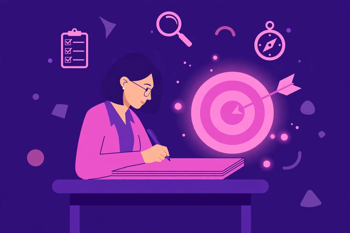 Flat-vector illustration of a business owner writing down SEO goals beside a target with an arrow, with a checklist, magnifying glass and compass