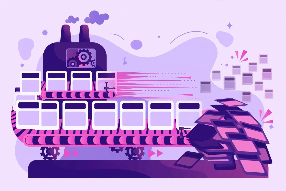 Illustration of a factory conveyor belt mass-producing identical web pages that pile up, representing scaled content abuse