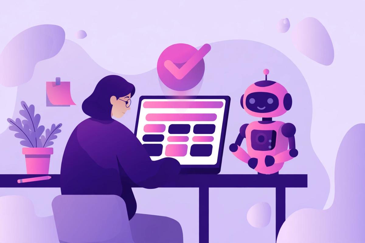 Illustration of a person reviewing a page on screen beside a friendly robot, under a large checkmark, showing human-reviewed AI-assisted content