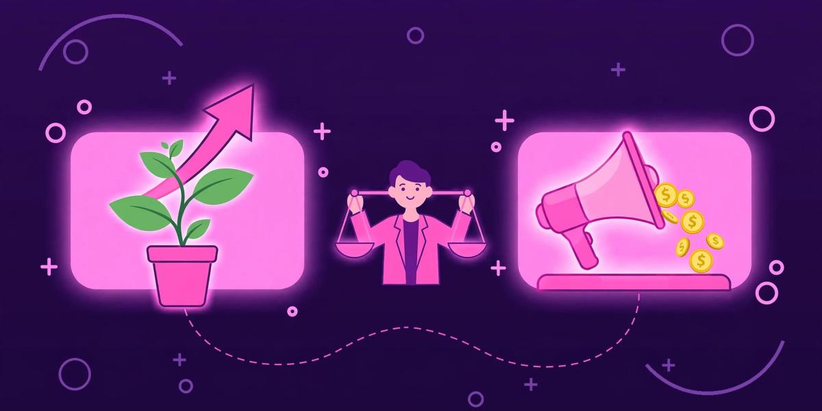 Flat-vector illustration of an upward growth arrow rising from organic roots, contrasted with coins fading away, showing what SEO and PPC each buy.