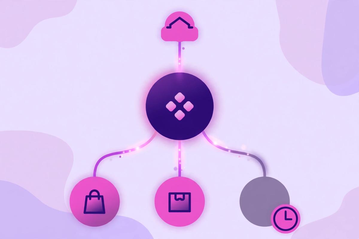 Illustration of a category page as the central node of an internal link map connecting the homepage and product pages, with one dimmed out-of-stock product, showing store connection and stock handling