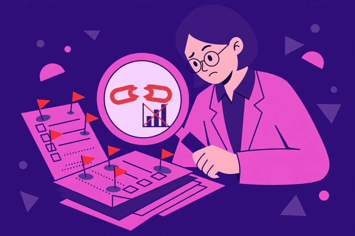 Flat-vector illustration of a professional spotting red flags on documents, a magnifying glass revealing a broken link