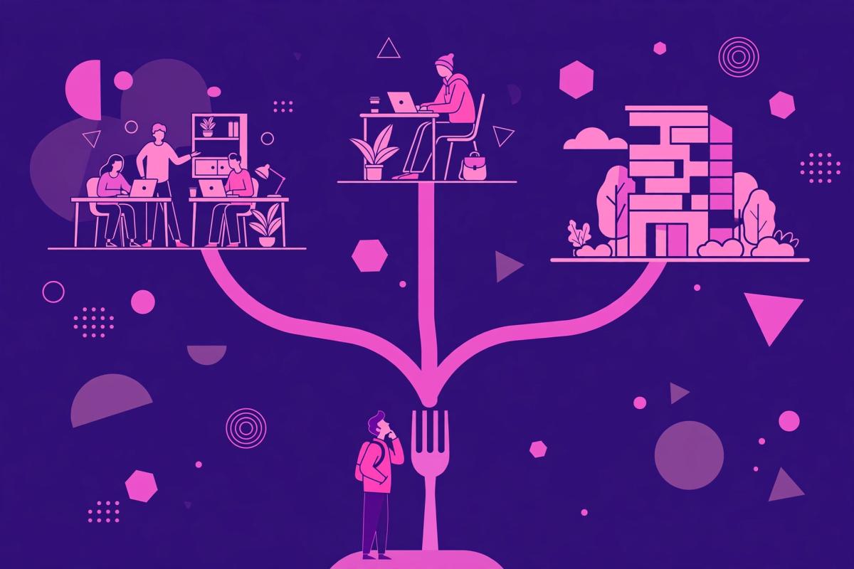 Flat-vector illustration of a decision-maker at a fork choosing between an agency team, a freelancer, or an in-house office