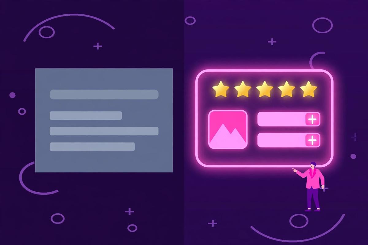 Illustration comparing a plain search result with a rich result showing stars and FAQ lines after schema markup.