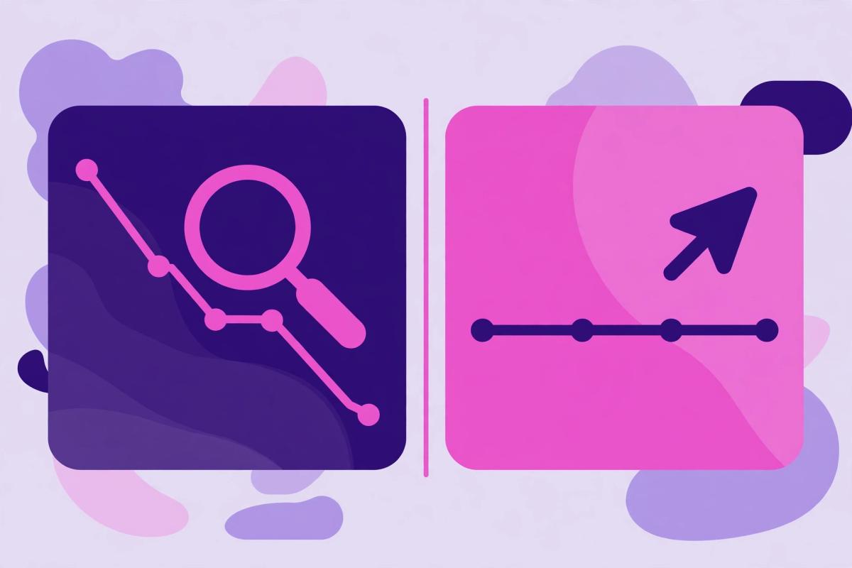 Split illustration comparing a core update drop pattern with an AI Overview squeeze pattern in Search Console metrics