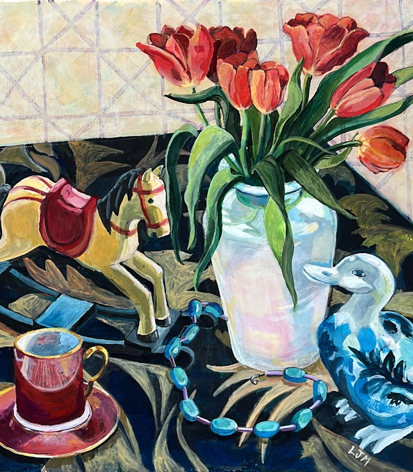 Orange Tulips and White Vase  