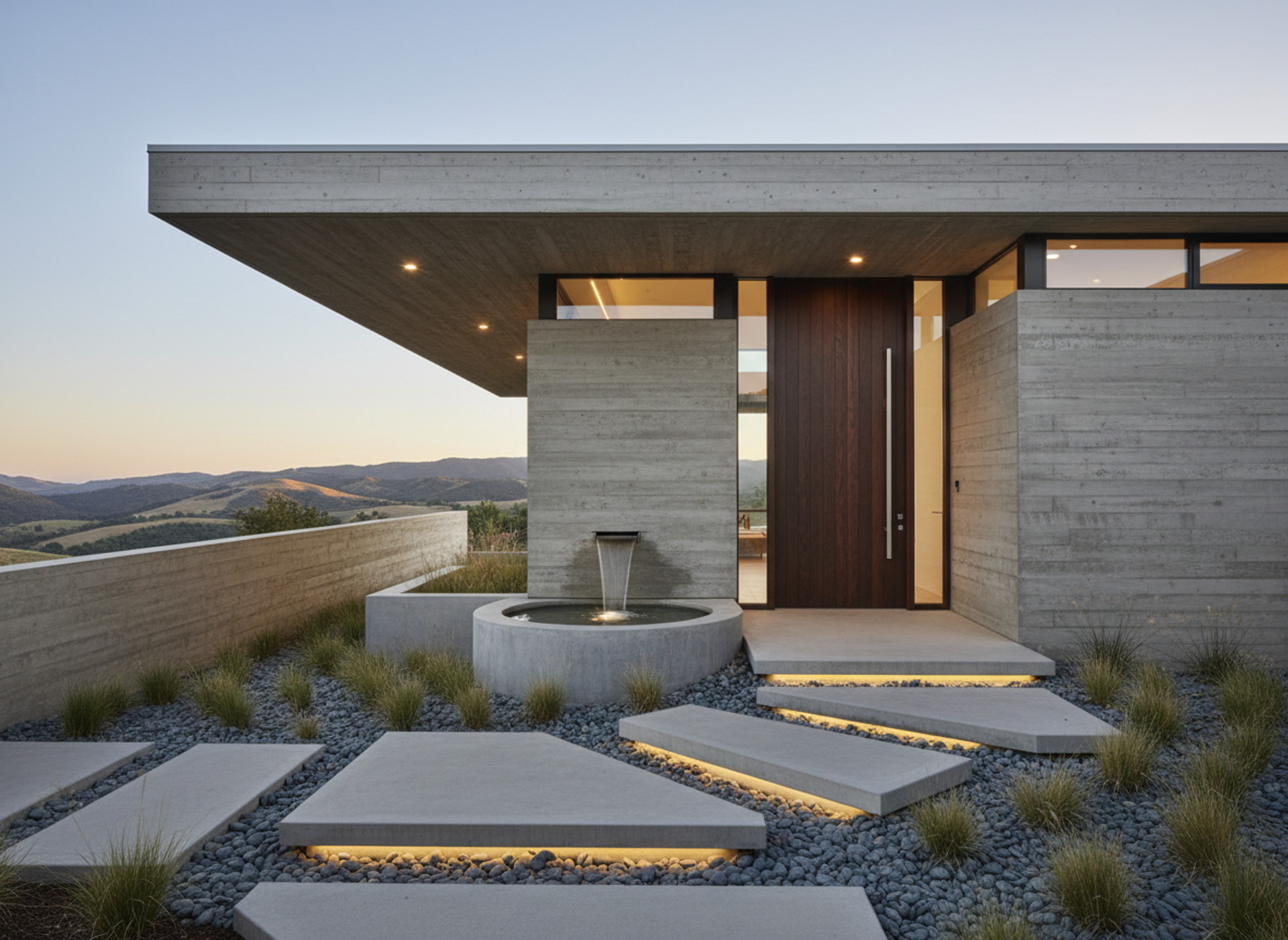 Architectural concrete residence at dusk