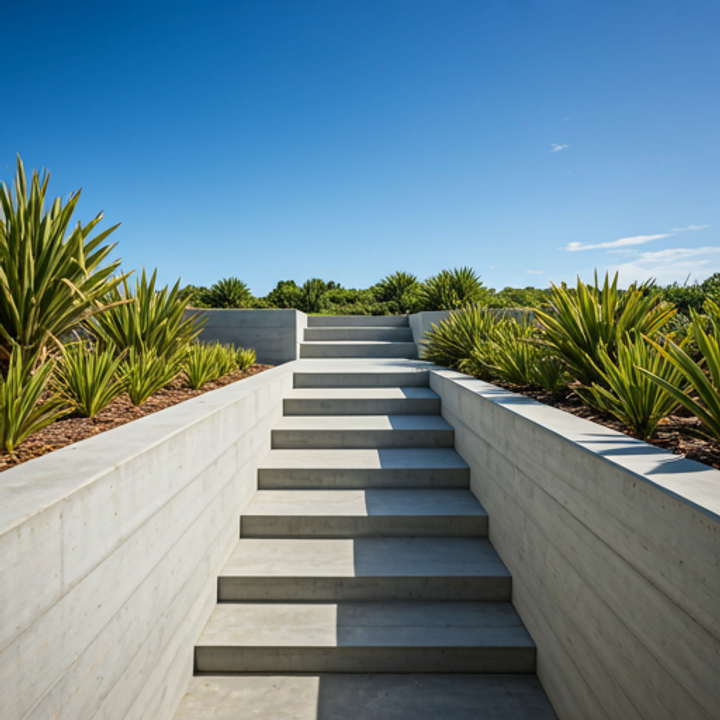 Concrete patio adjoining a contemporary home