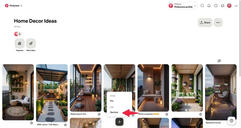 add pin section desktop