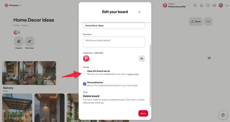 Make Pinterest existing board private