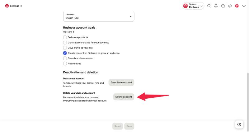 Delete Pinterest account