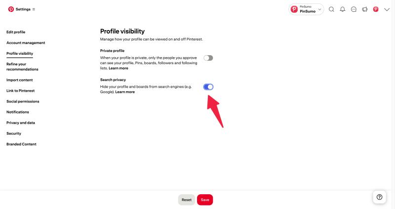 remove Pinterest account from search engine