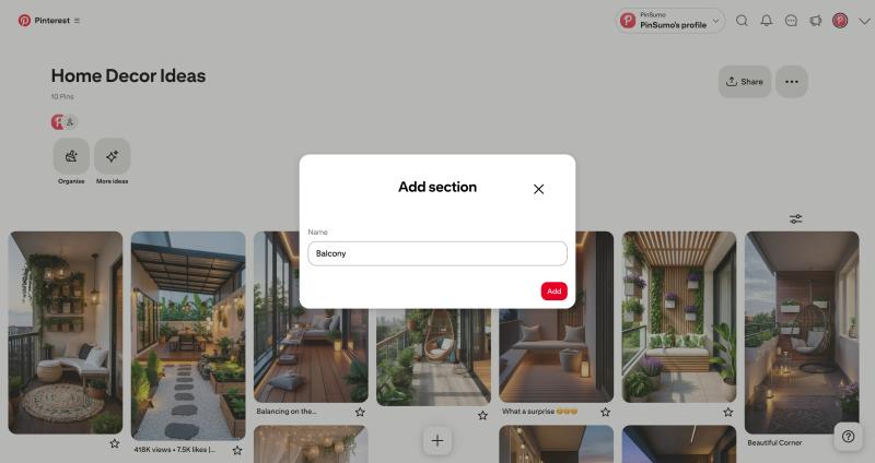 enter name for pin board section on Pinterest