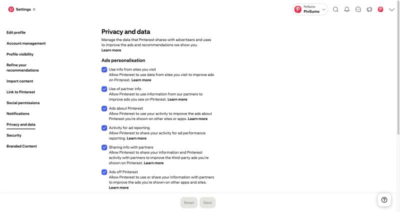 Pinterest personalization settings