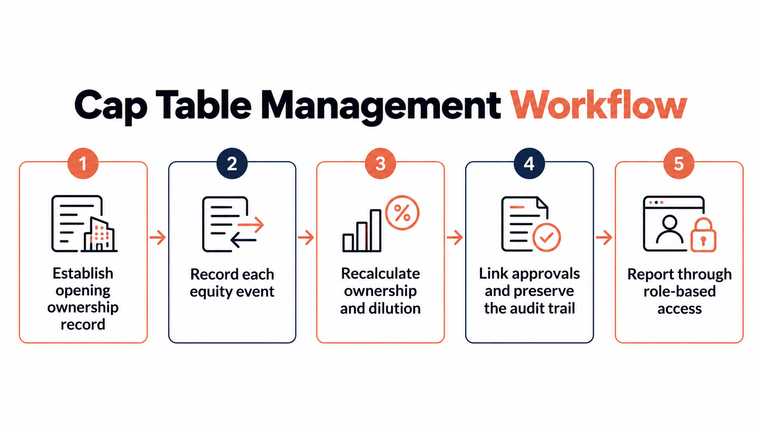 Five-step cap table workflow covering ownership records, equity events, dilution calculations, audit trails, and role-based reporting.