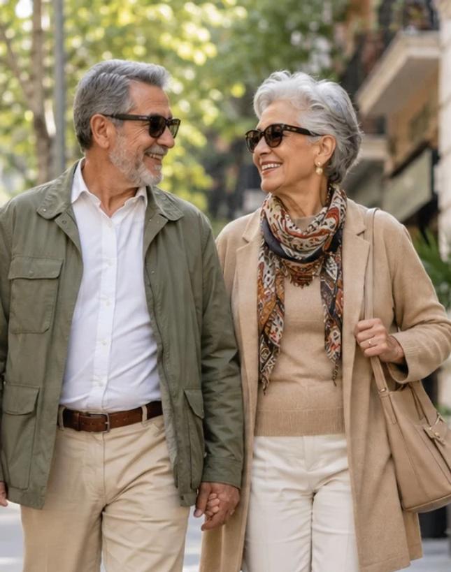 Una pareja mayor caminando de la mano por la calle