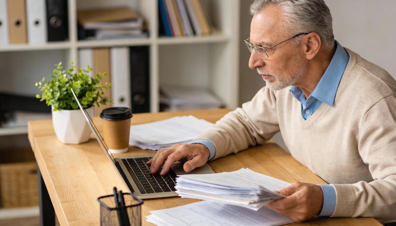 Un hombre mayor trabajando con su computadora en casa