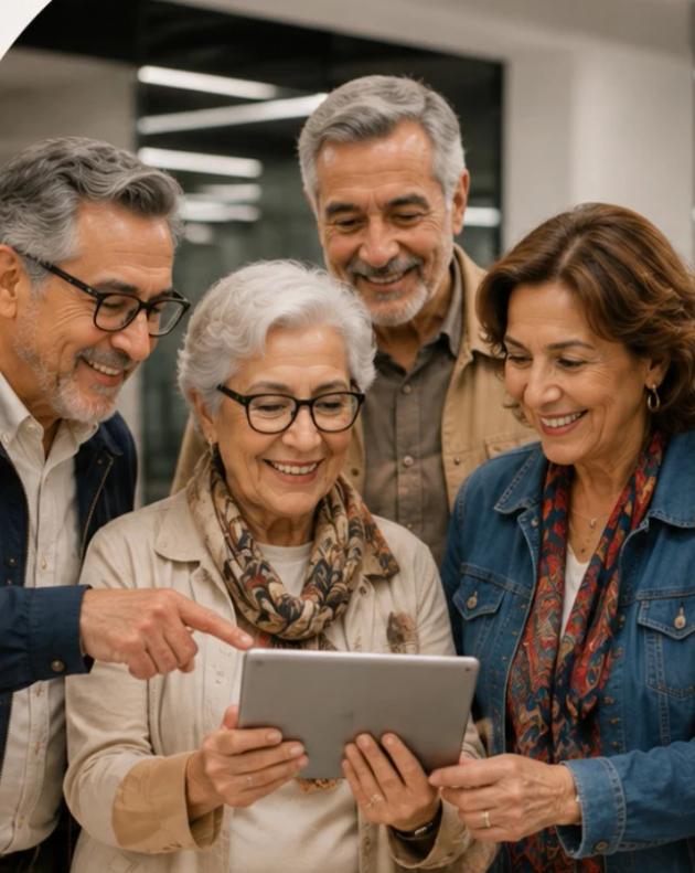 Un grupo de personas mayores viendo una tablet juntas