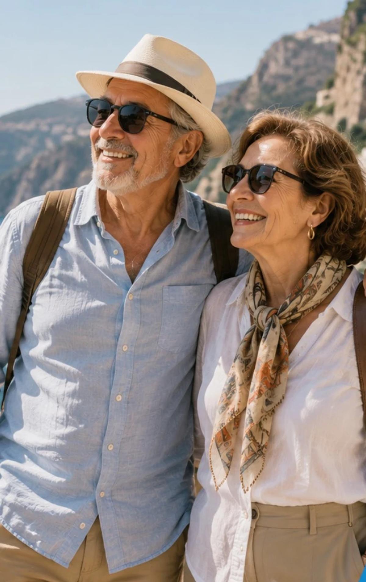 Una pareja mayor sonriendo frente al mar