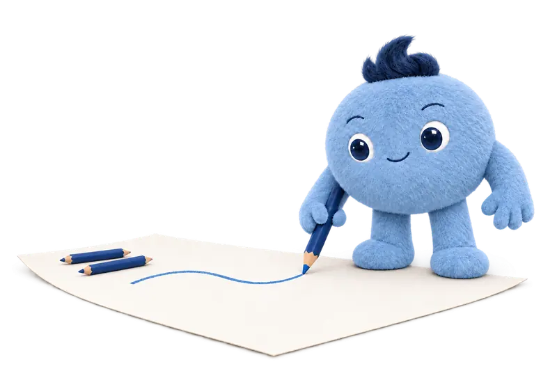 Hops drawing a line on a sheet of paper with a blue pencil.