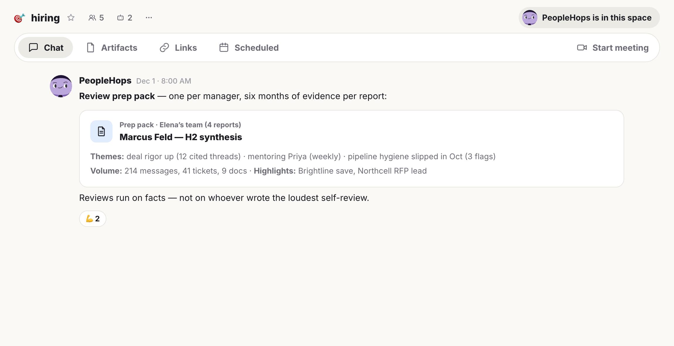 Screenshot of a chat application showing a message about 'Review prep packs' for performance reviews, including a detailed summary for 'Marcus Feld - H2 synthesis' with metrics and highlights.