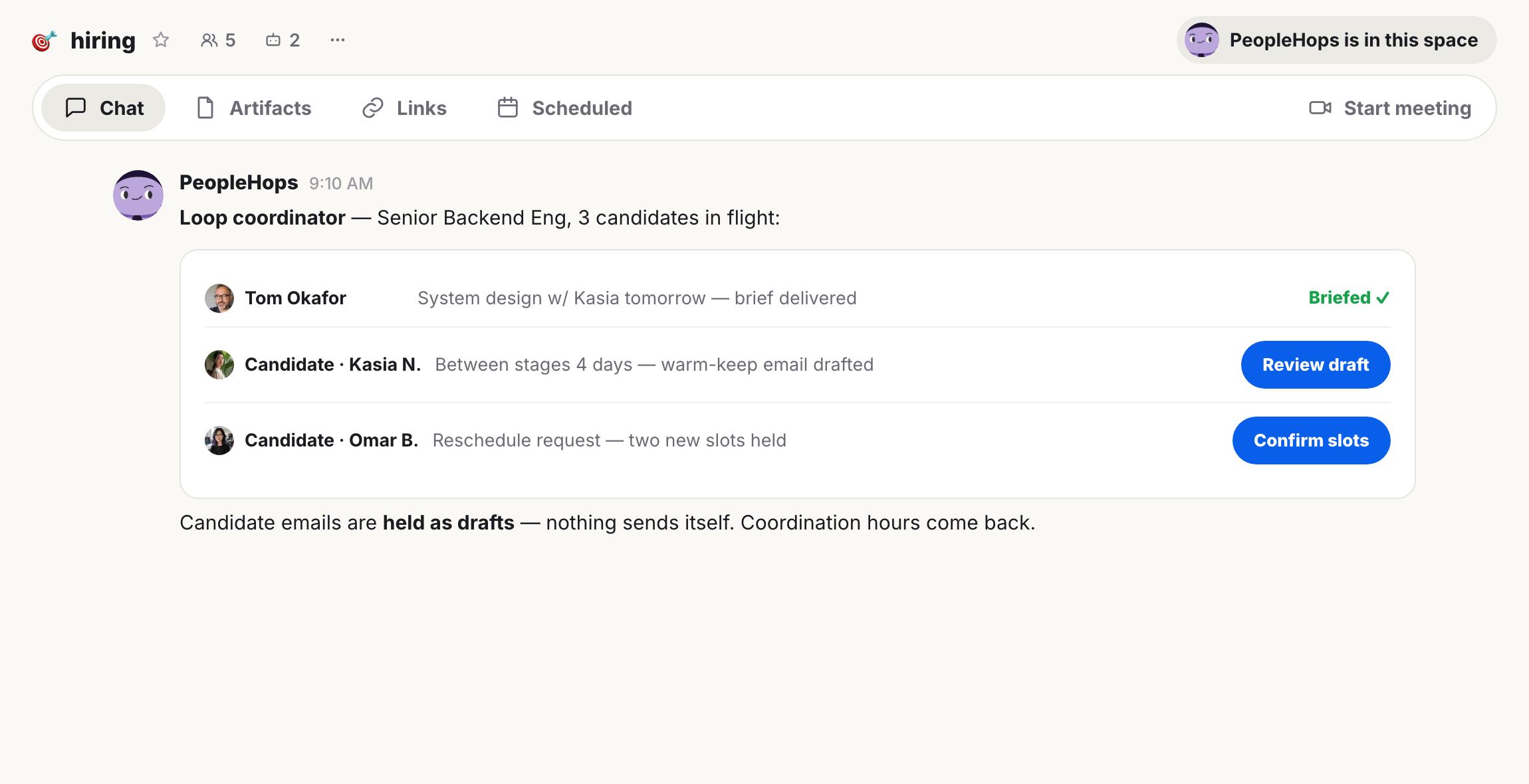 A Hops chat interface for hiring, showing three candidates for a Senior Backend Engineer role with statuses and actions like 'Briefed' and 'Review draft'.