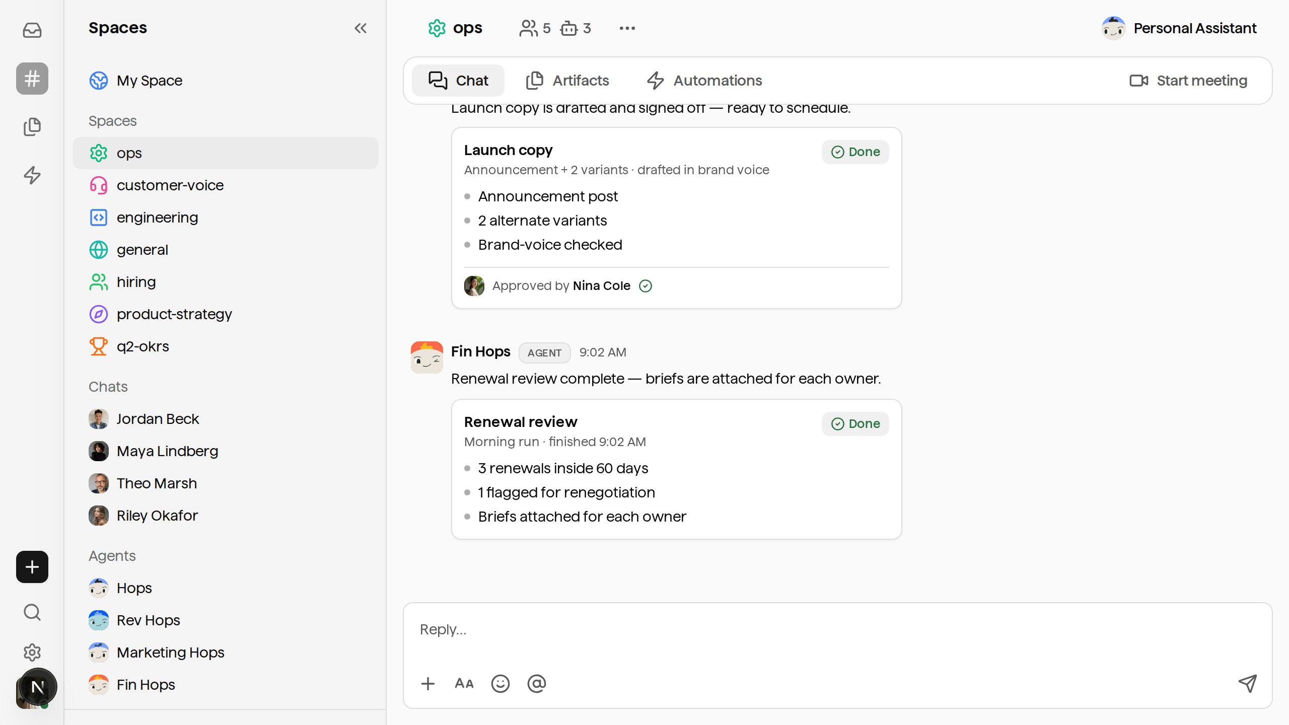 A project management chat interface in an 'Ops' space, showing completed 'Launch copy' and 'Renewal review' tasks.