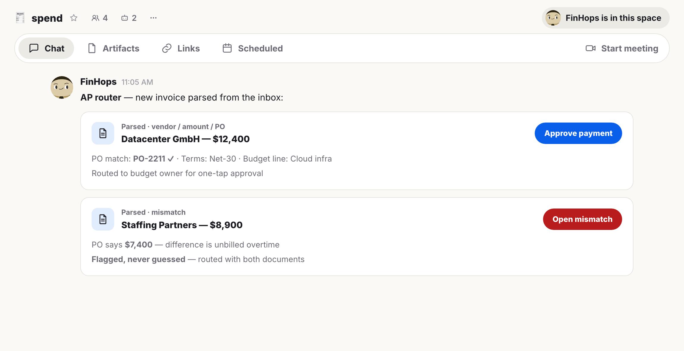 A financial chat interface for automated AP routing, displaying a matched $12,400 invoice ready for approval and an $8,900 invoice flagged for a $1,500 mismatch with its purchase order.