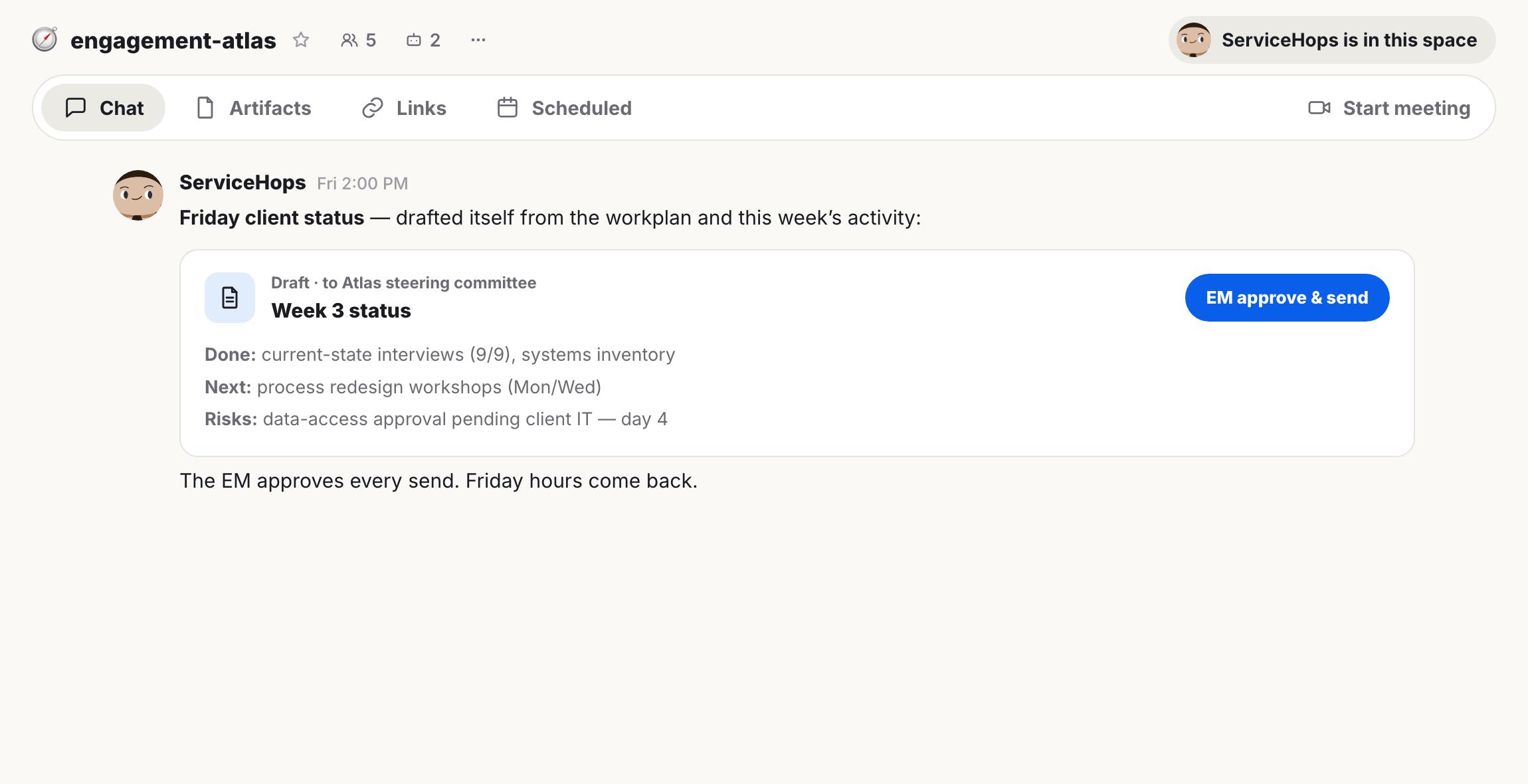A screen displays a chat interface with a "Week 3 status" update from "Hops," listing done tasks, next steps, and risks, along with an "EM approve & send" button.