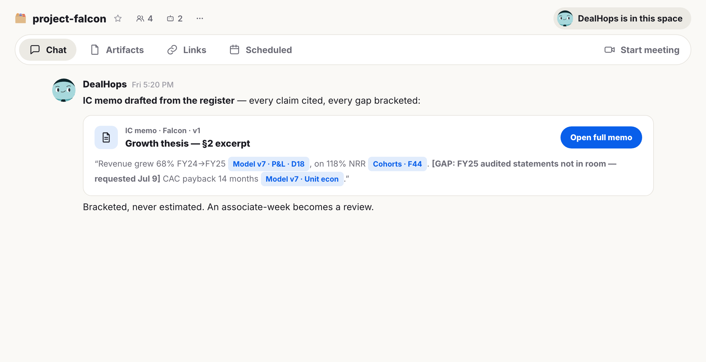 A chat application screen with a message containing a preview of a 'Growth thesis' memo excerpt.