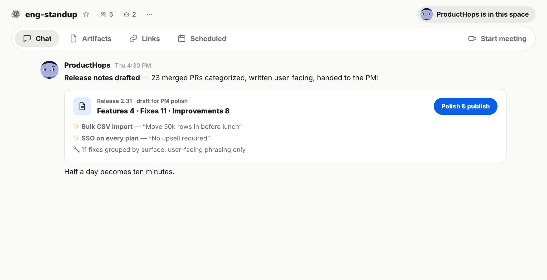 A screenshot of Hops showing drafted release notes in a project channel, with features, fixes, and improvements listed, and a "Polish & publish" button.