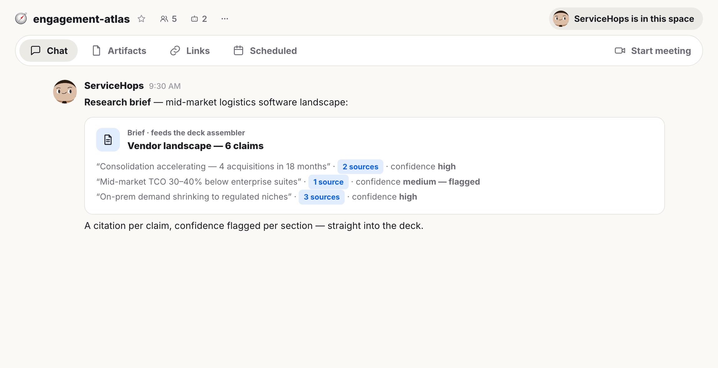 Screenshot of a project management app displaying a research brief about logistics software, including claims, sources, and confidence levels.