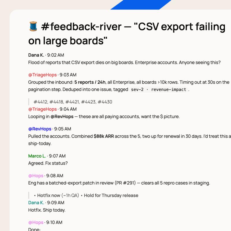 A conversation thread about a bug where CSV exports fail on large boards, detailing issue reports, revenue impact, and a proposed hotfix.