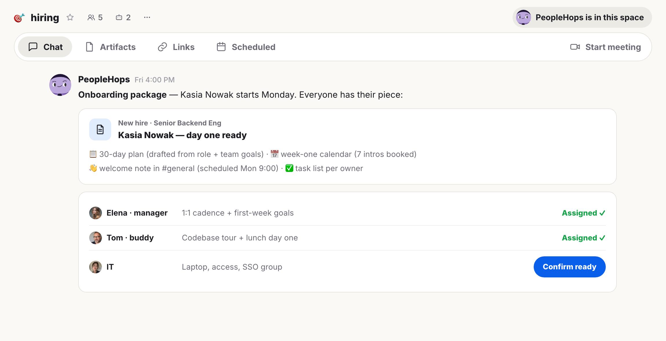 A screenshot of a hiring chat interface detailing an onboarding plan for new hire Kasia Nowak, showing assigned tasks and a "Confirm ready" button.