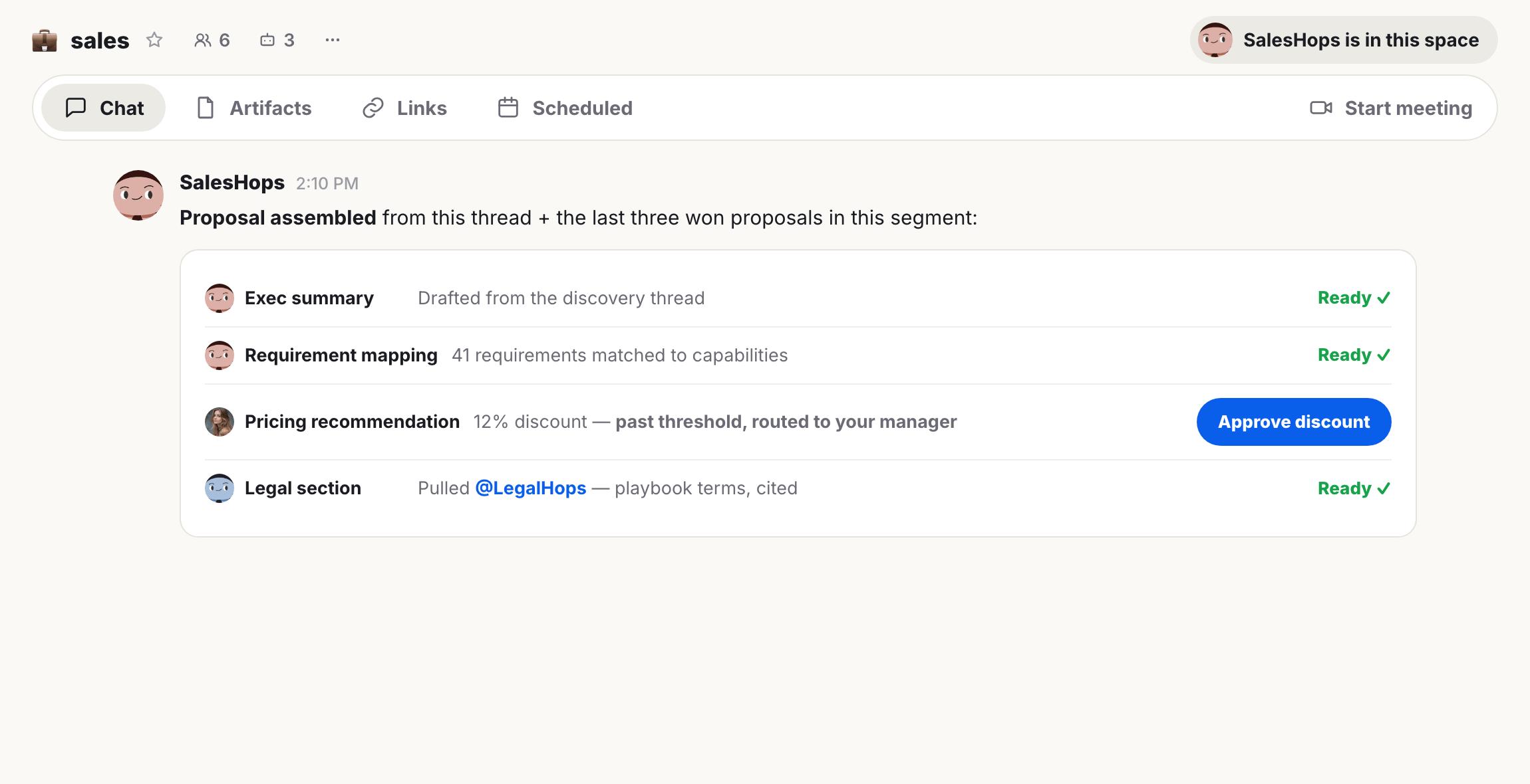 A collaboration tool's chat screen displaying an AI-generated proposal summary, featuring an "Approve discount" button for a 12% pricing recommendation.