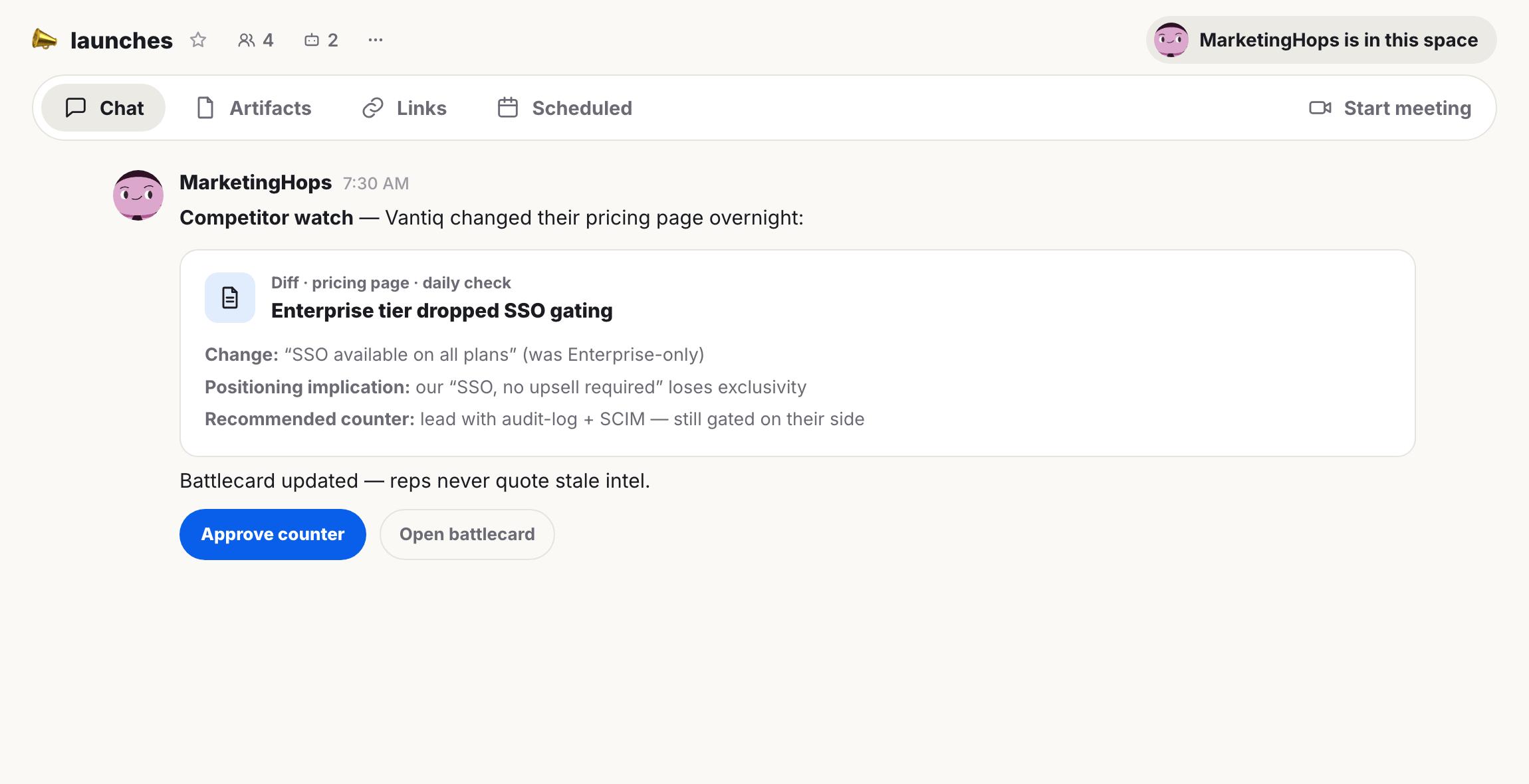 Launches app showing a Hops post about competitor Vantiq dropping SSO gating, with analysis and buttons to approve or open a battlecard.