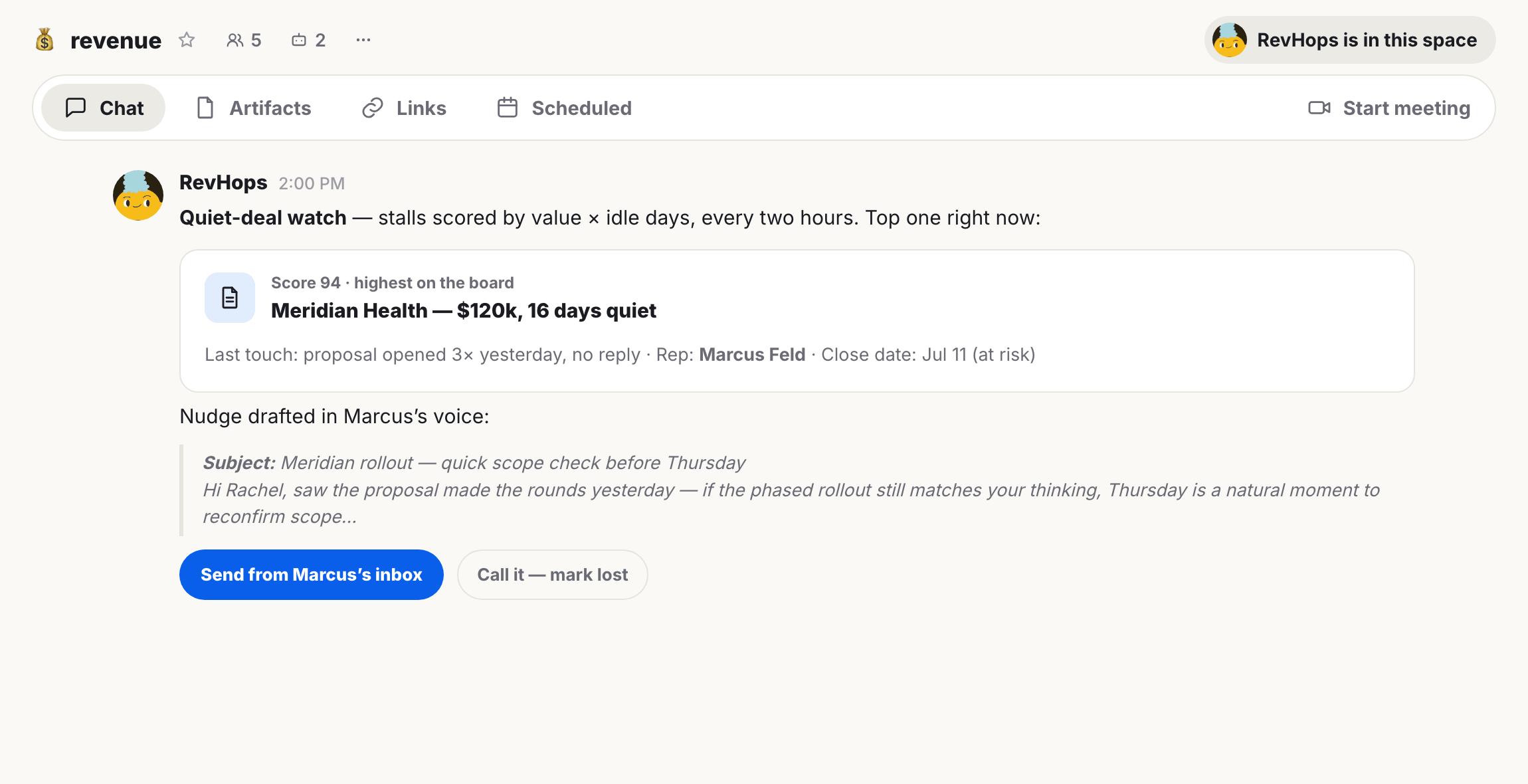 A Hops 'Quiet-deal watch' message in the 'revenue' space highlighting Meridian Health ($120k, 16 days quiet, score 94) with a pre-drafted follow-up email in Marcus's voice and action buttons to send from his inbox or mark the deal lost.