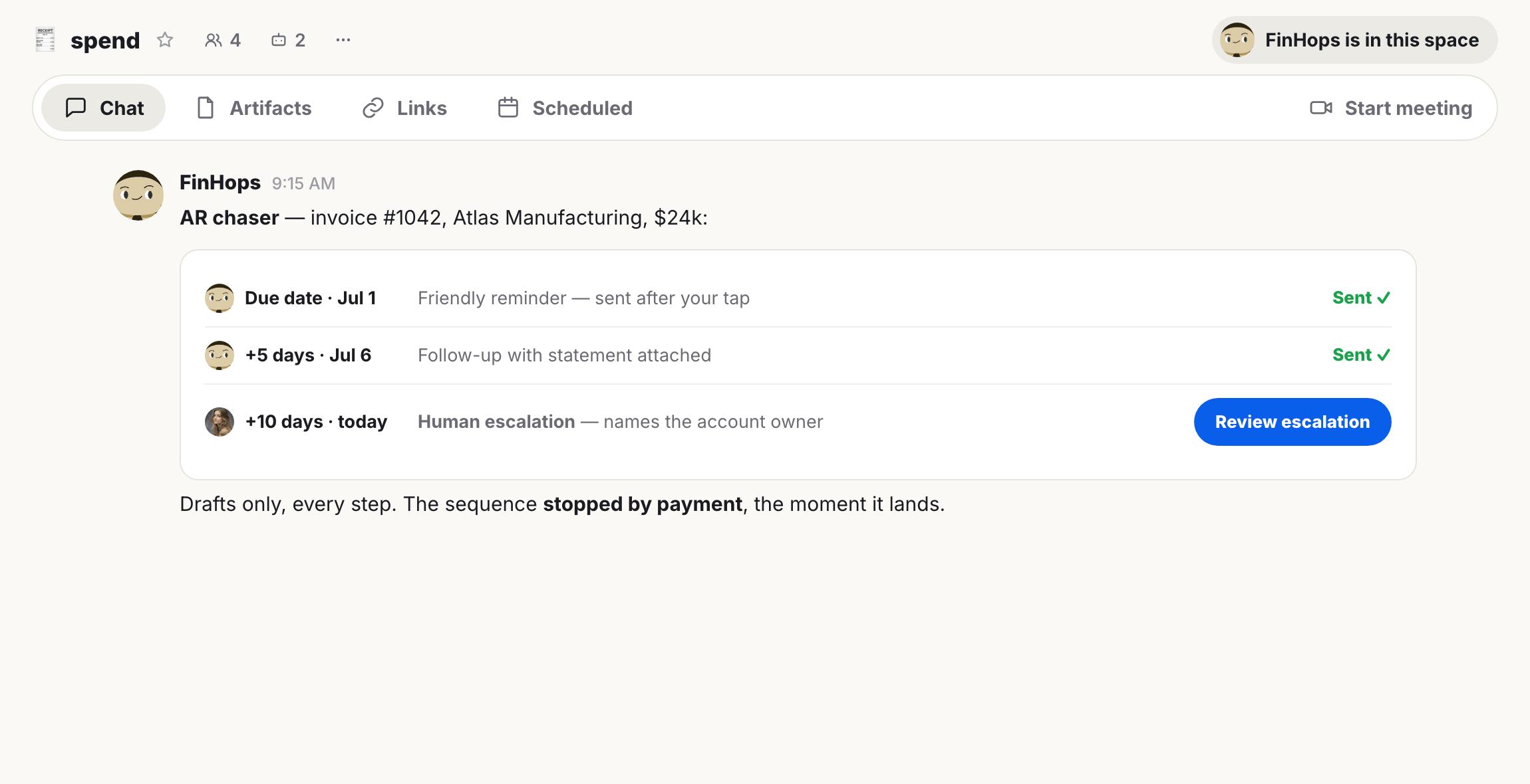 Hops chat shows an AR chaser workflow for invoice #1042, Atlas Manufacturing, $24k, with past reminders and a current "Review escalation" step.