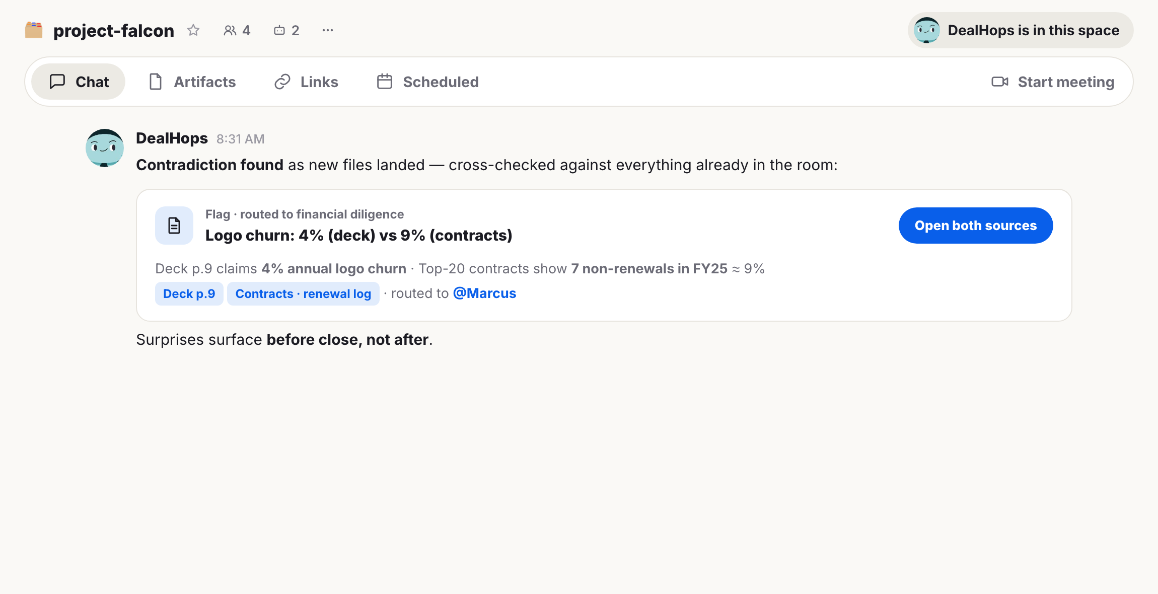 A chat interface shows Hops flagging a contradiction in logo churn: 4% from a deck vs 9% from contracts, with an option to open both sources.