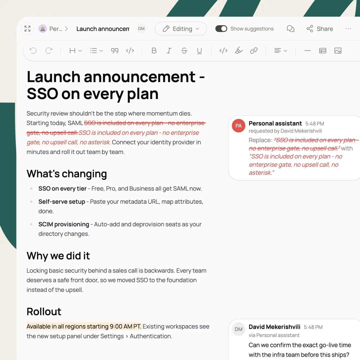 A digital document titled 'Launch announcement - SSO on every plan' being edited, with a personal assistant suggesting text changes in a sidebar and a chat message below.