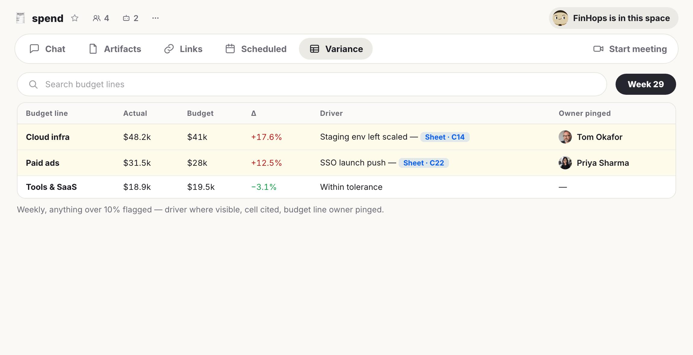 A budget variance dashboard displaying spending lines like "Cloud infra" and "Paid ads" with actual vs. budget amounts and percentage deviations, highlighting items with over 10% variance.
