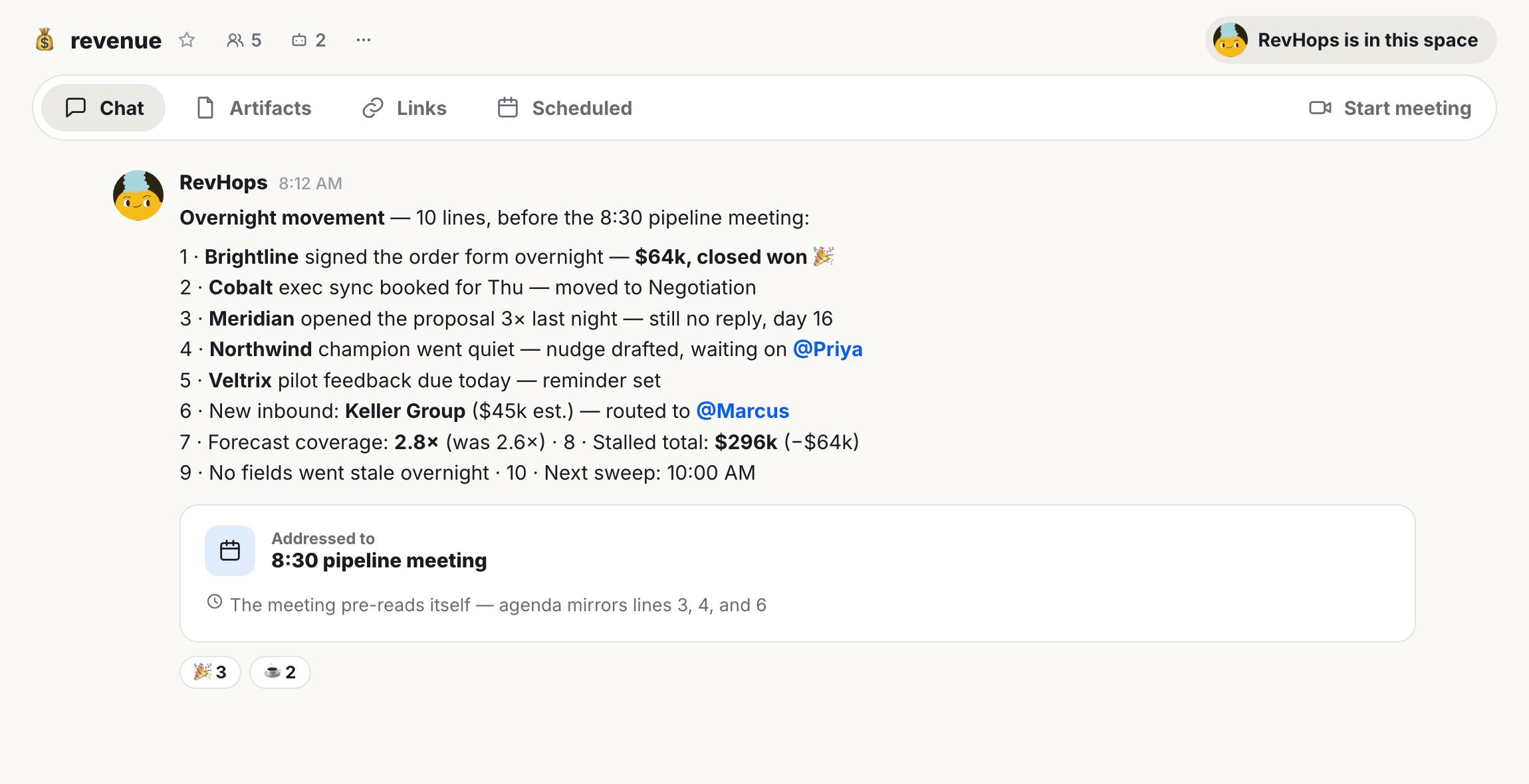 A chat screen showing a message from 'Hops' detailing 9 overnight sales pipeline updates and a reply regarding an 8:30 meeting.