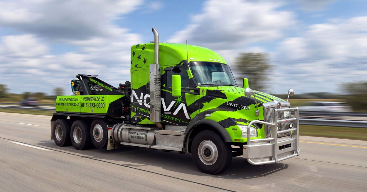 Nova Towing & Recovery heavy-duty tow truck on the highway